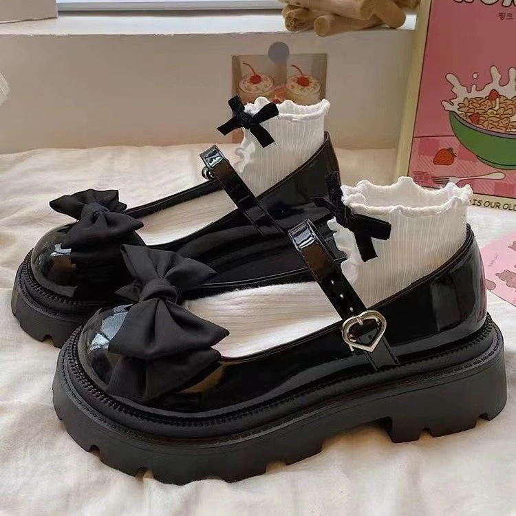 玛丽珍小皮鞋日系女jk厚底大头鞋2025夏季春款蝴蝶结软妹单鞋黑色