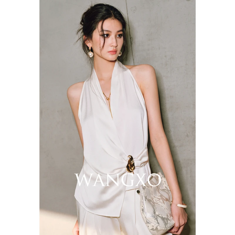 WANGXO  挂脖搭片V领缎面上衣裤子套装253267W