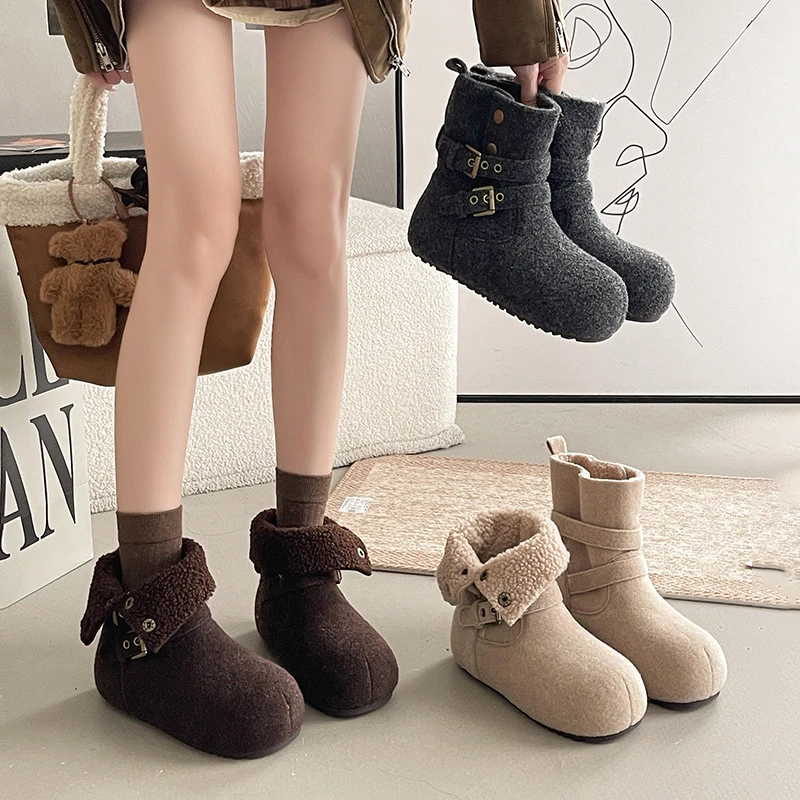 复古厚底勃肯鞋女生雪地靴秋冬季内马丁短靴绒34雪地靴