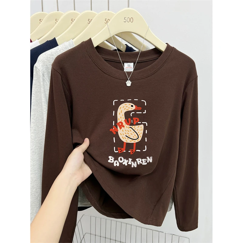 韩版圆领趣味印花正肩T恤女早秋新款大码胖mm休闲百搭打底长袖衫