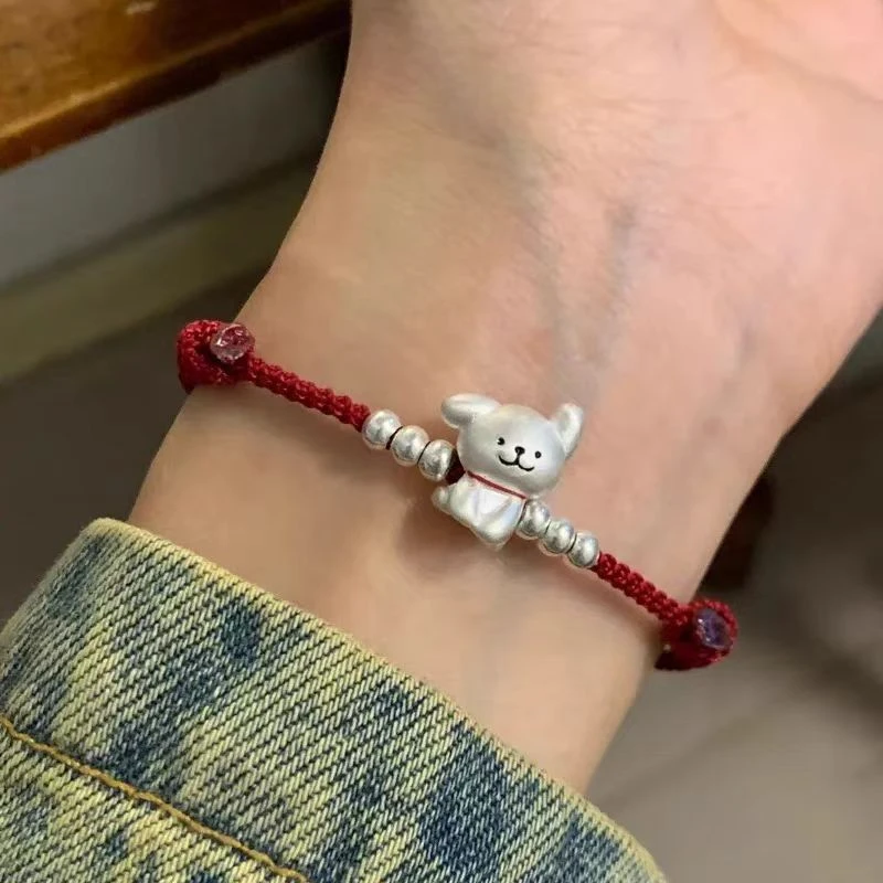 足银手链 999足银可爱狗狗手链纯银小狗编织手绳手串百搭饰品B169