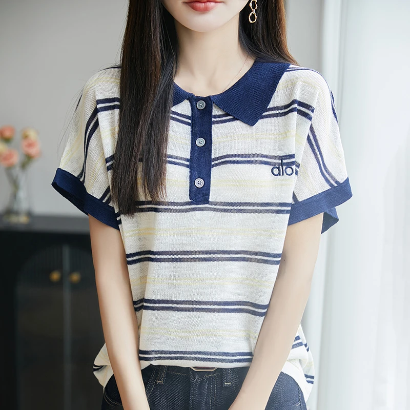 时尚2025品牌夏季新款显瘦高级短袖女感撞色POLO领条纹刺绣上衣