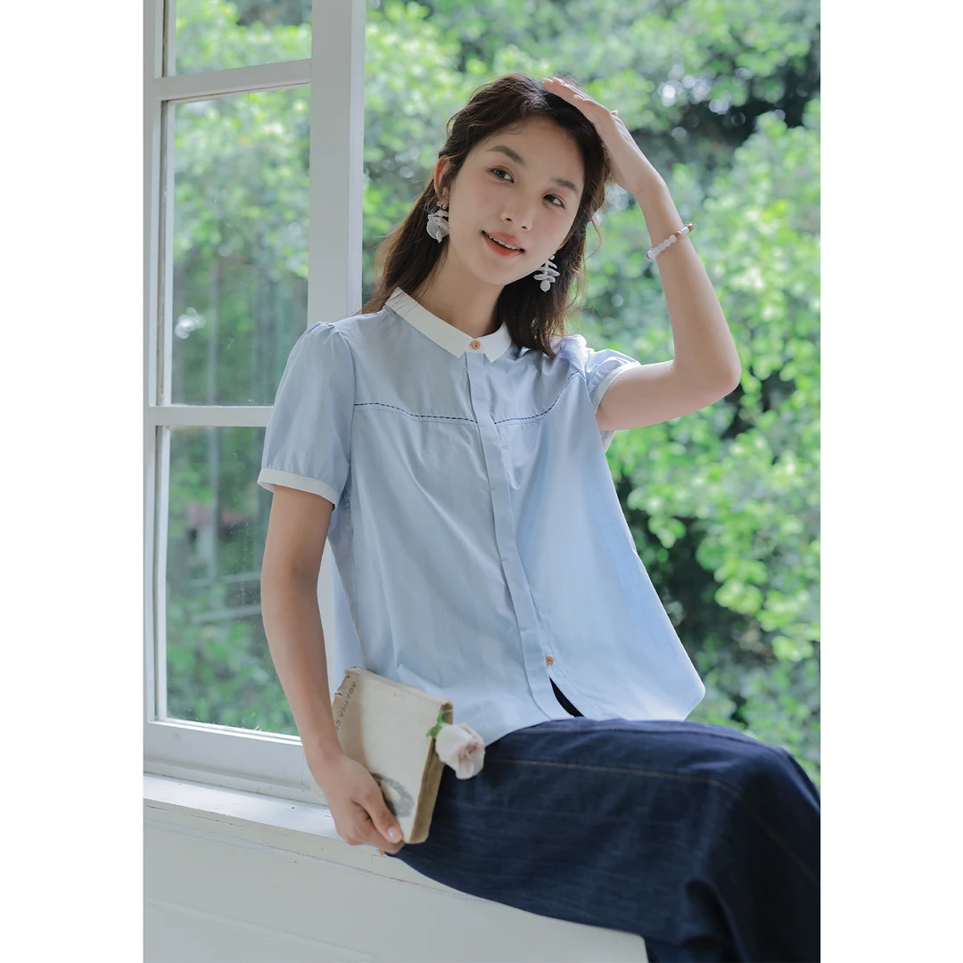 红念原创蓝色纯棉衬衫女短袖宽松气质夏季小众新款女装衬衣上衣