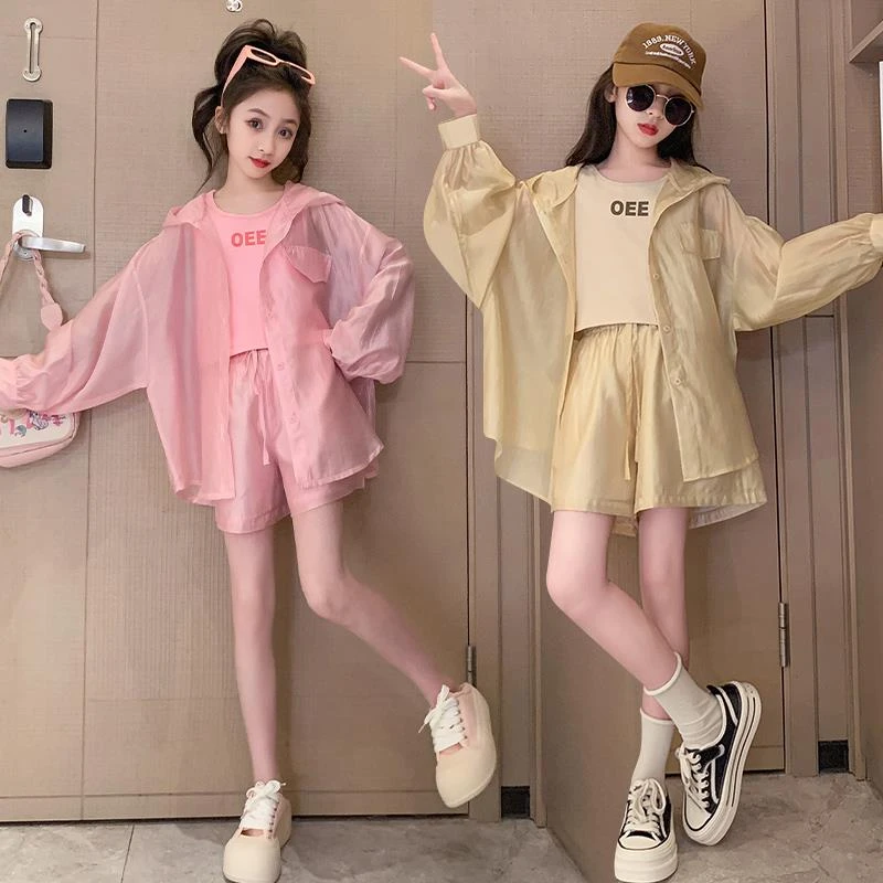 女童夏装运动休闲防晒套装2024新款夏季冰丝宽松防晒衣短裤三件套