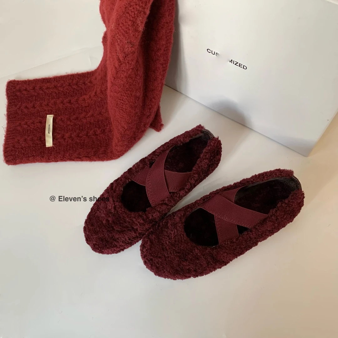 【Eleven】3CM 加绒交叉带芭蕾平底玛丽珍单鞋女毛毛鞋/专白