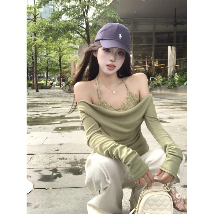 法式设计感气质假两件斜肩荡领长袖T恤女纯欲蕾丝挂脖打底衫上衣