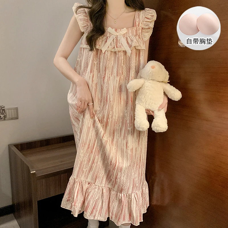 【星】睡裙女带胸垫夏季睡衣夏天中长新款吊带甜美家居服薄款4112