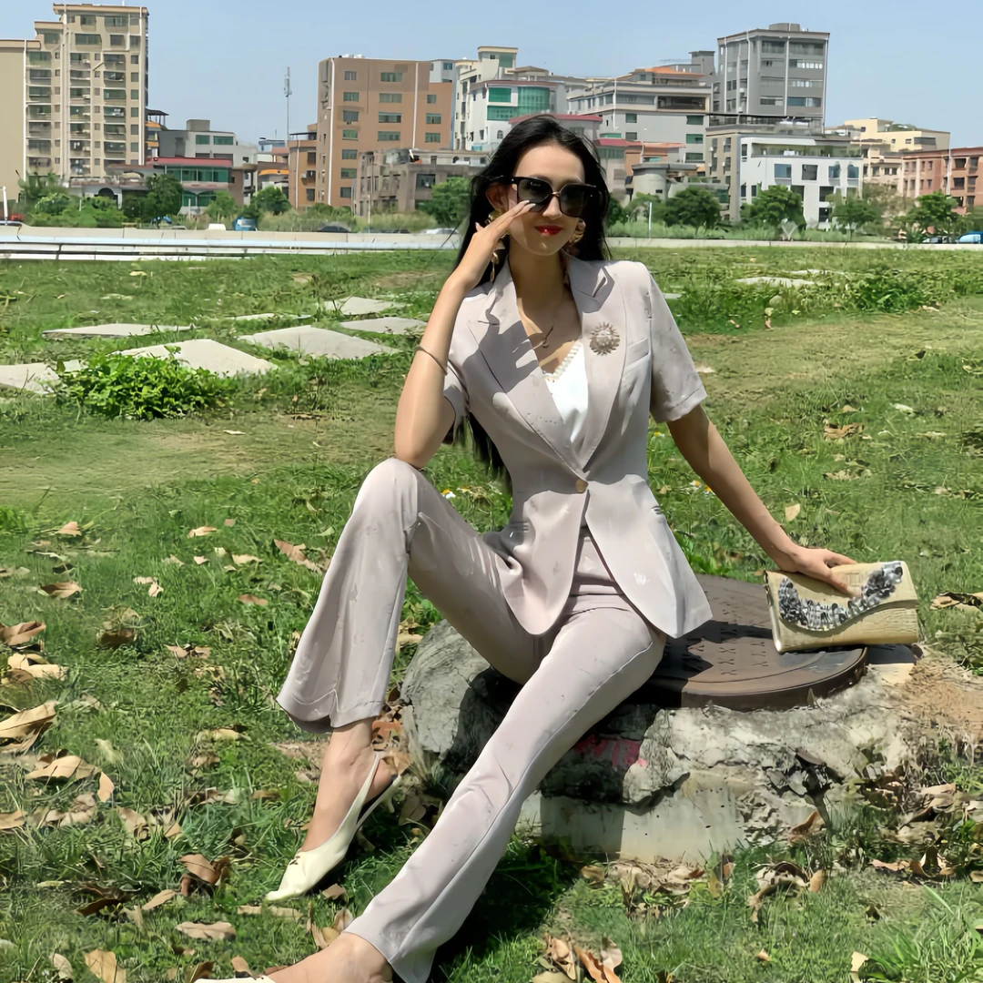 9866夏季短袖新款气质西装小个子女神范职业商务修身版型西装套装