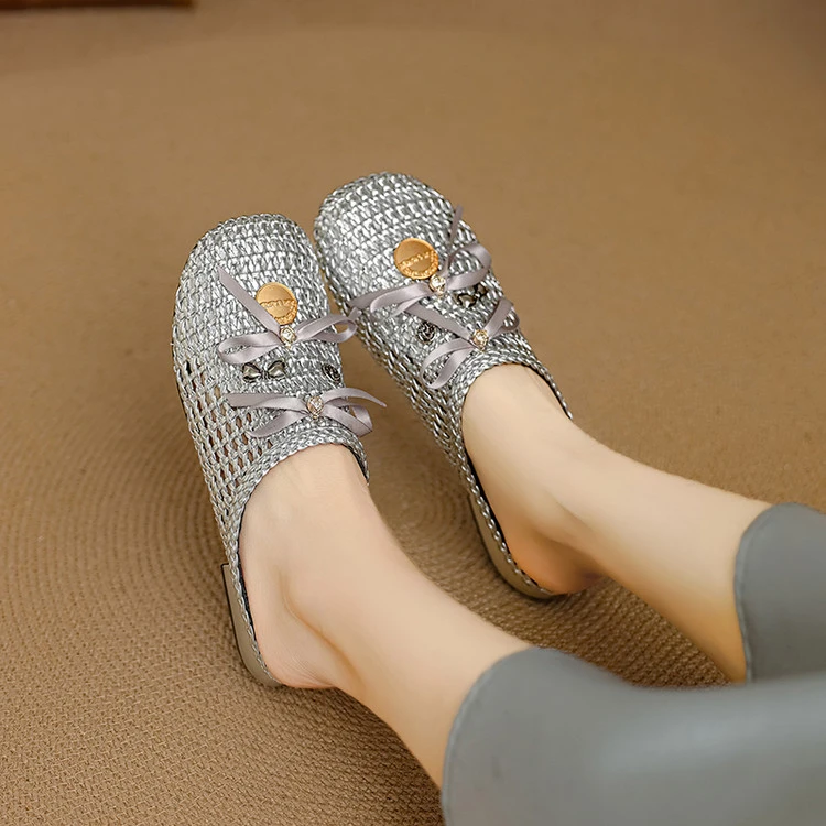 2025法式复古编织镂空蝴蝶结带包头拖鞋真皮舒适轻奢仙女风气质