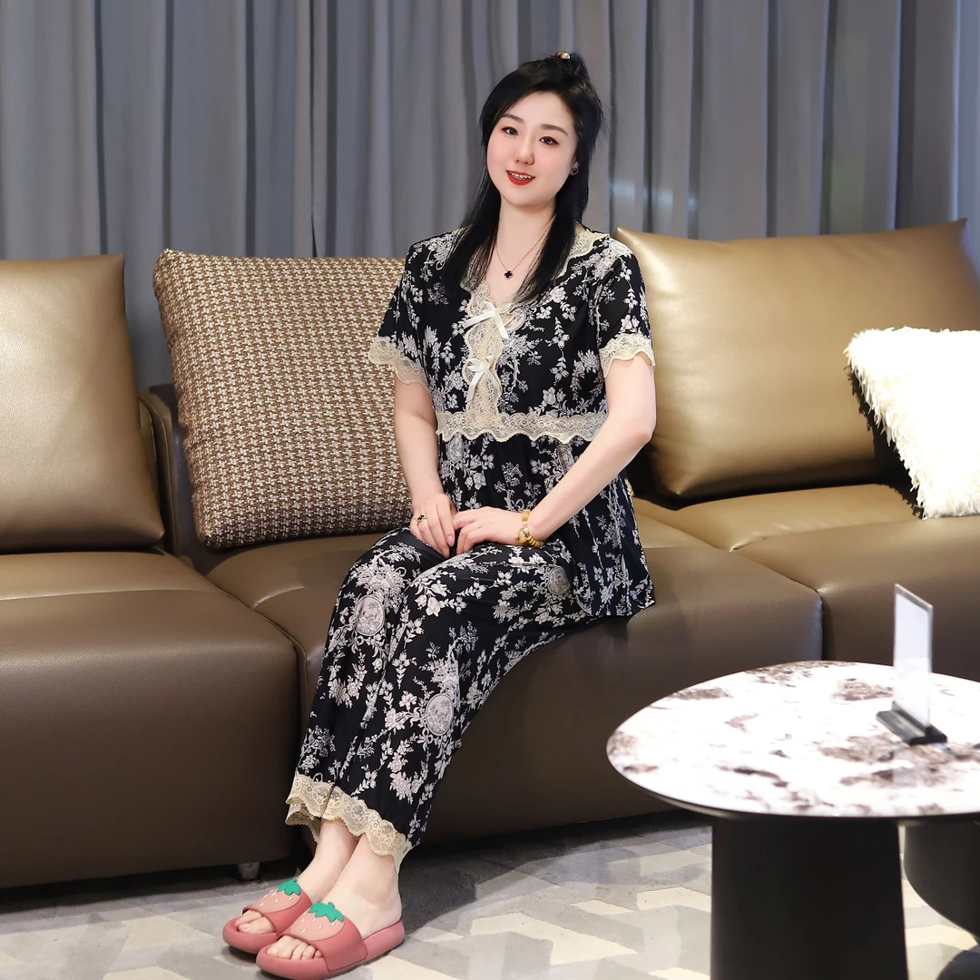 四季款高弹睡衣女套装家居服大码宽松遮肉显瘦时尚洋气气质可外穿