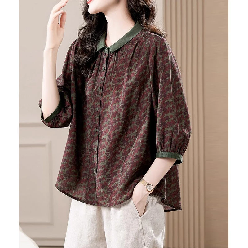 复古阔太太高档妈妈装印花七分袖宽松大码衬衫女显瘦遮肉漂亮小衫