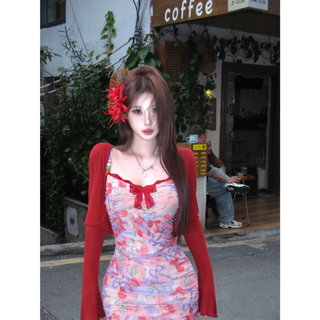 Mejiu蜜九【彼岸蔷薇】开衫长袖春夏显瘦纯欲性感辣妹风收腰连衣裙