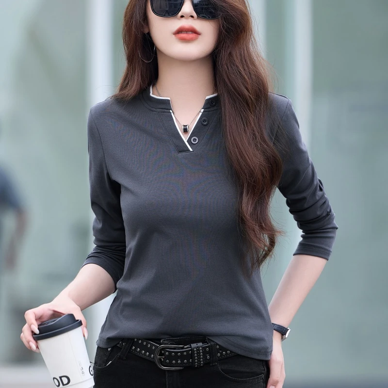 v领长袖t恤女外穿2025新款早春秋韩版气质纯色修身显瘦百搭上衣潮