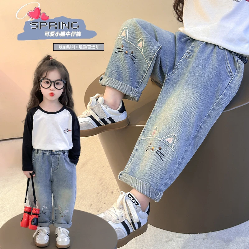 女童膝盖卡通牛仔裤春秋款2025年新款小女孩收腰小脚裤女宝宝长裤