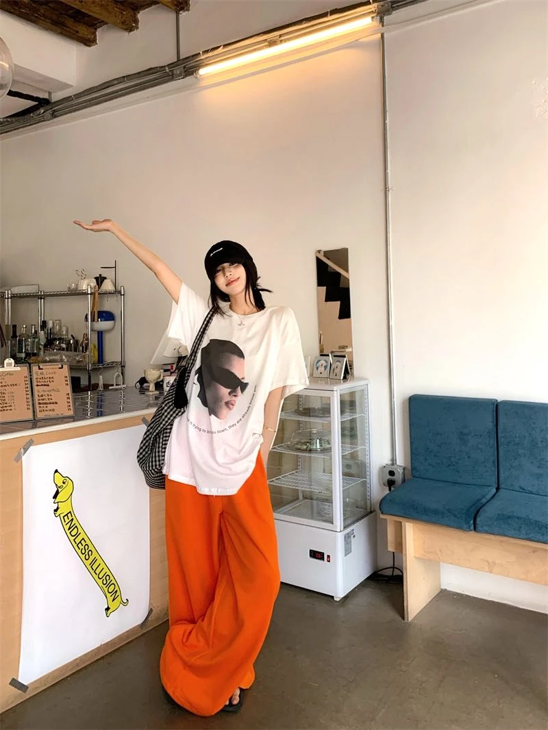 韩版美式休闲复古短袖T恤女夏季宽松洋气中长款小众高街半袖上衣