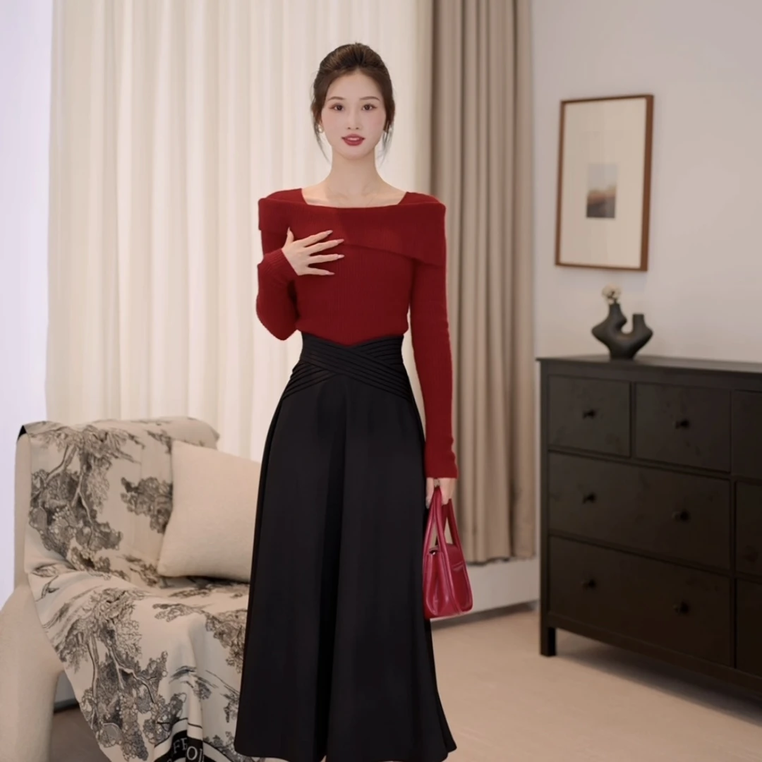 拉夏贝尔/25年秋季新款气质百搭打底羊毛针织毛衣+半裙 10127 LSC