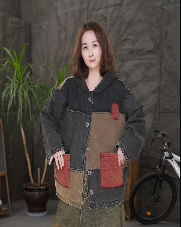 拼接印花连帽民族风短款女短外套日系加厚宽松水洗