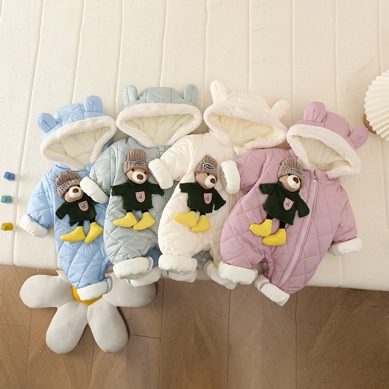 婴儿宝宝新生儿连体衣秋冬长袖拉链毛线熊偏开可爱风长爬爬服哈衣