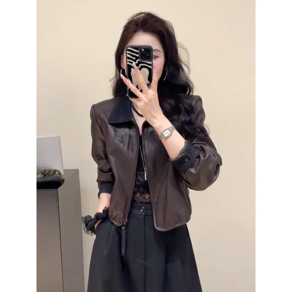 美式复古翻领撞色皮衣外套女2025秋季新款气质百搭高级感机车夹克