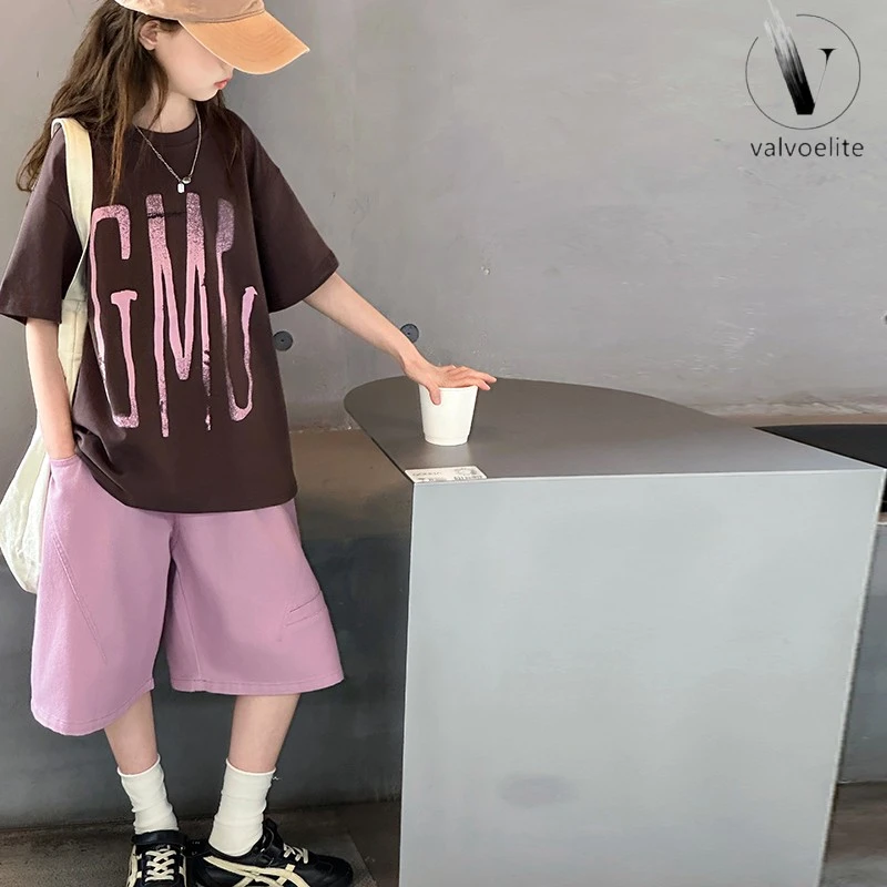 VALVOELITE女童套装夏新款中大童字母印花短袖t恤潮流七分裤宽松