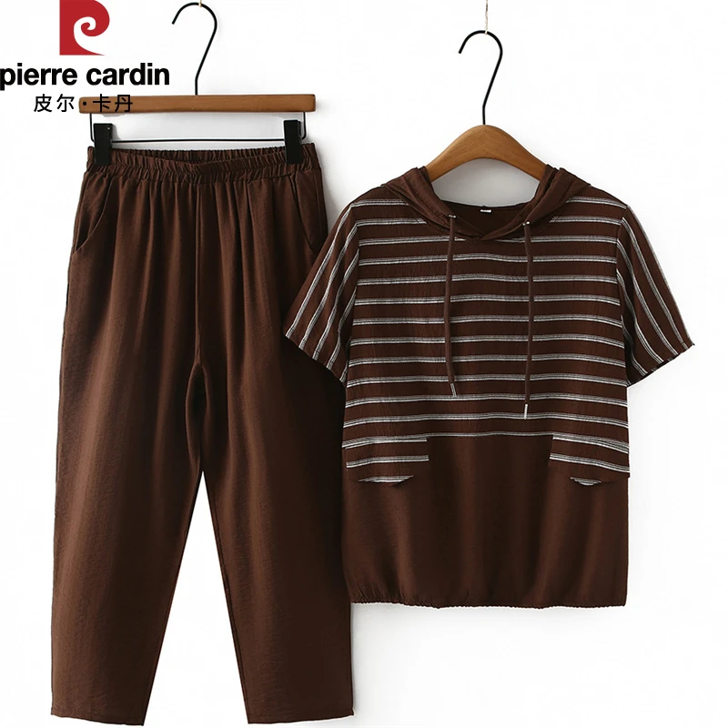 皮尔卡丹妈妈夏装套装运动装短袖连帽恤衫中老年女装奶奶装夏款棉