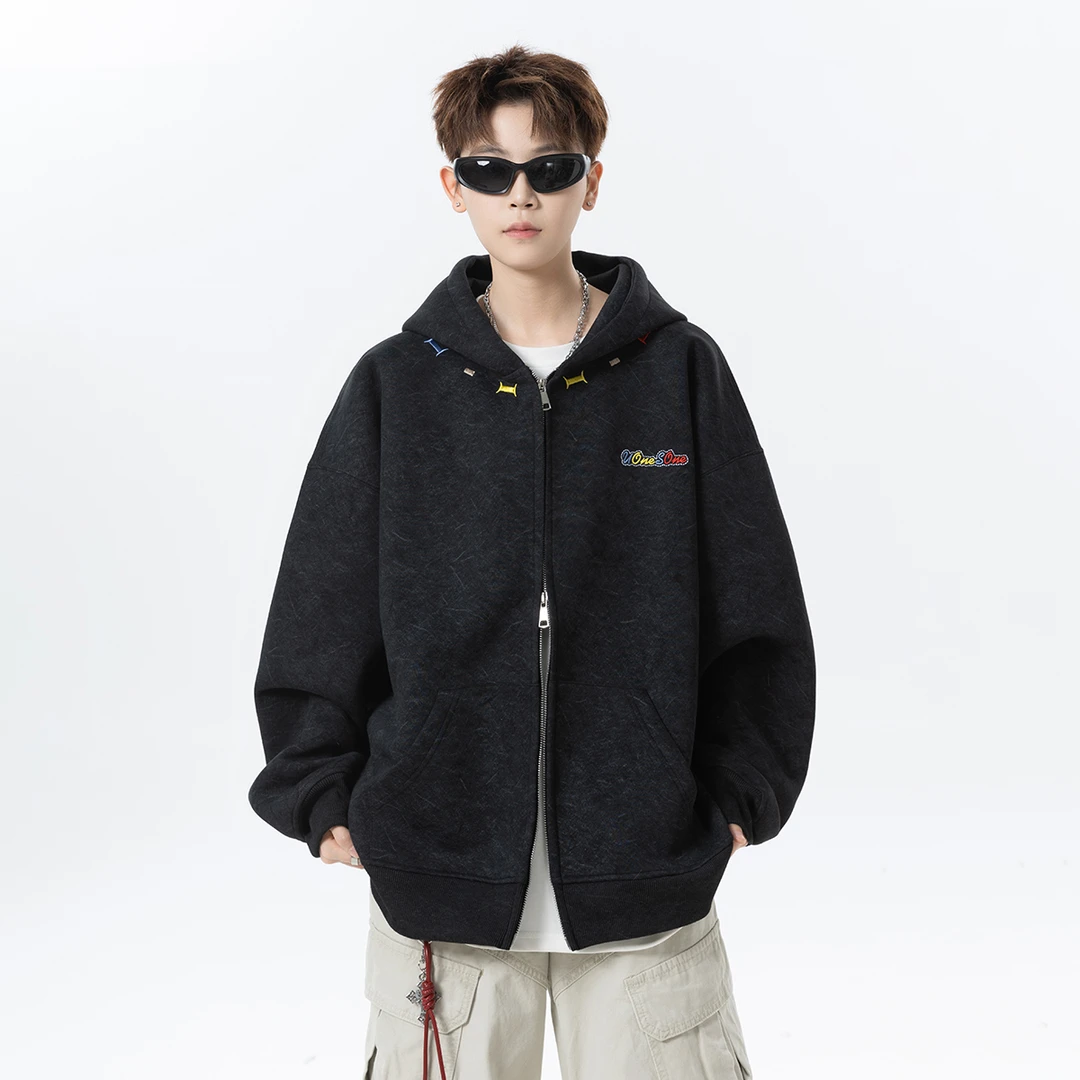 美式重磅刺绣连帽卫衣男cleanfit拉链设计外套多巴胺设计休闲开衫