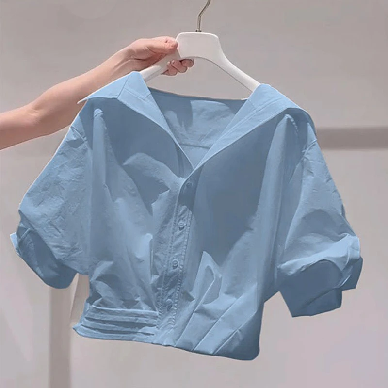 法式甜美气质蓝色翻领短款衬衫女夏季2025新款洋气减龄短袖衬衣潮