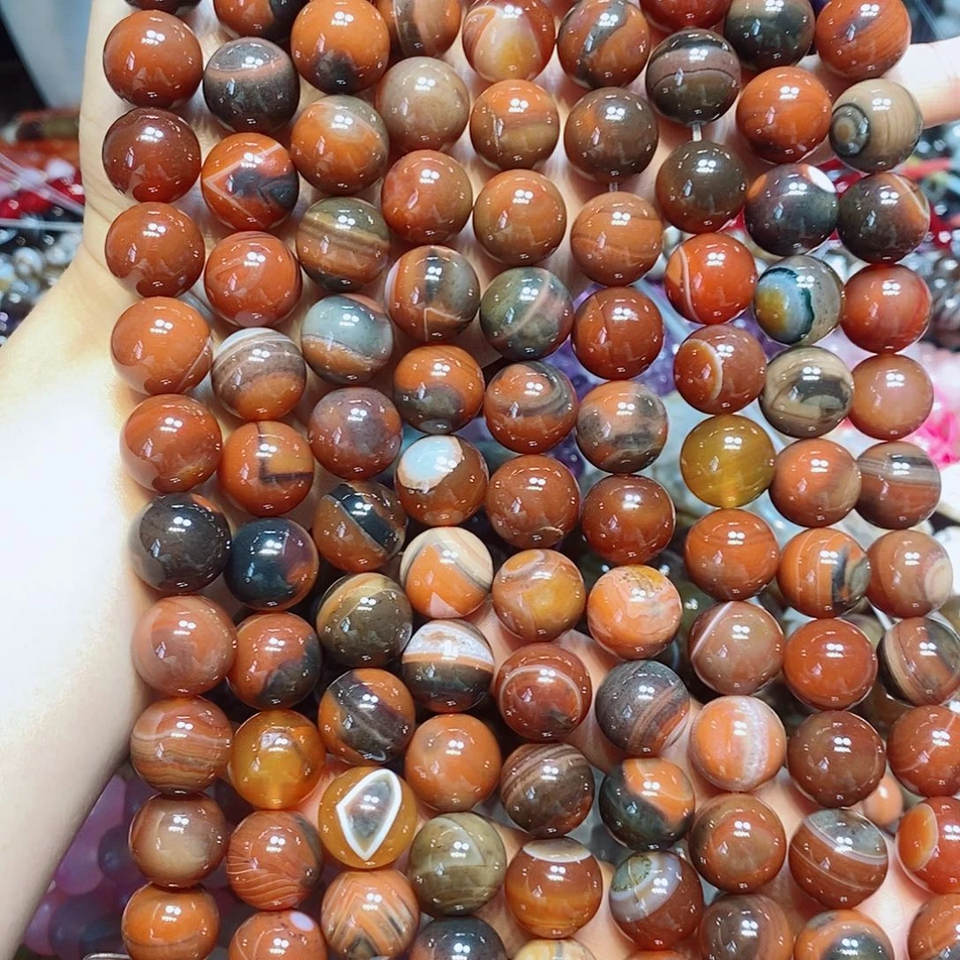 玛瑙/玉髓散珠天然红玛瑙蚕丝眼睛一条14mm