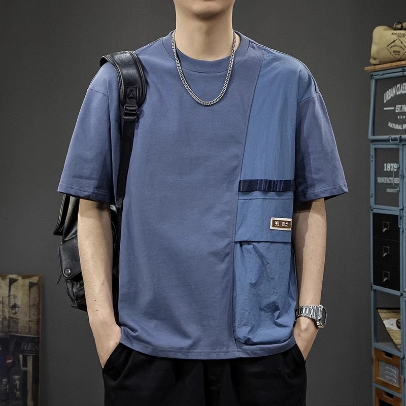 MR.MUDI/穆迪先生美式潮牌撞色拼接短袖t恤男夏季工装口袋宽松