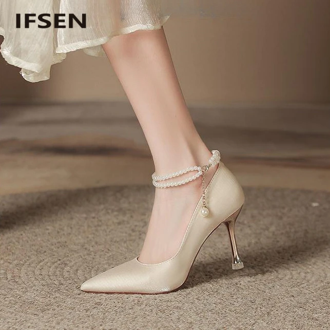 IFSEN法式百搭尖头鞋女气质新娘鞋浅口白色高跟鞋单鞋伴娘婚鞋