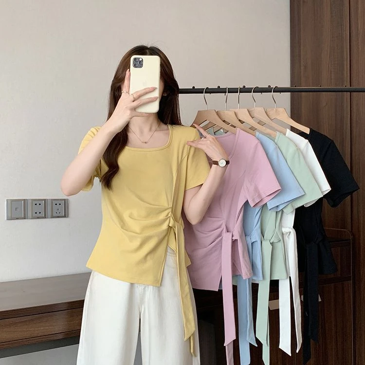 棉大码纯欲风显瘦方领短袖T恤女2025夏季新款设计感褶皱开叉上衣