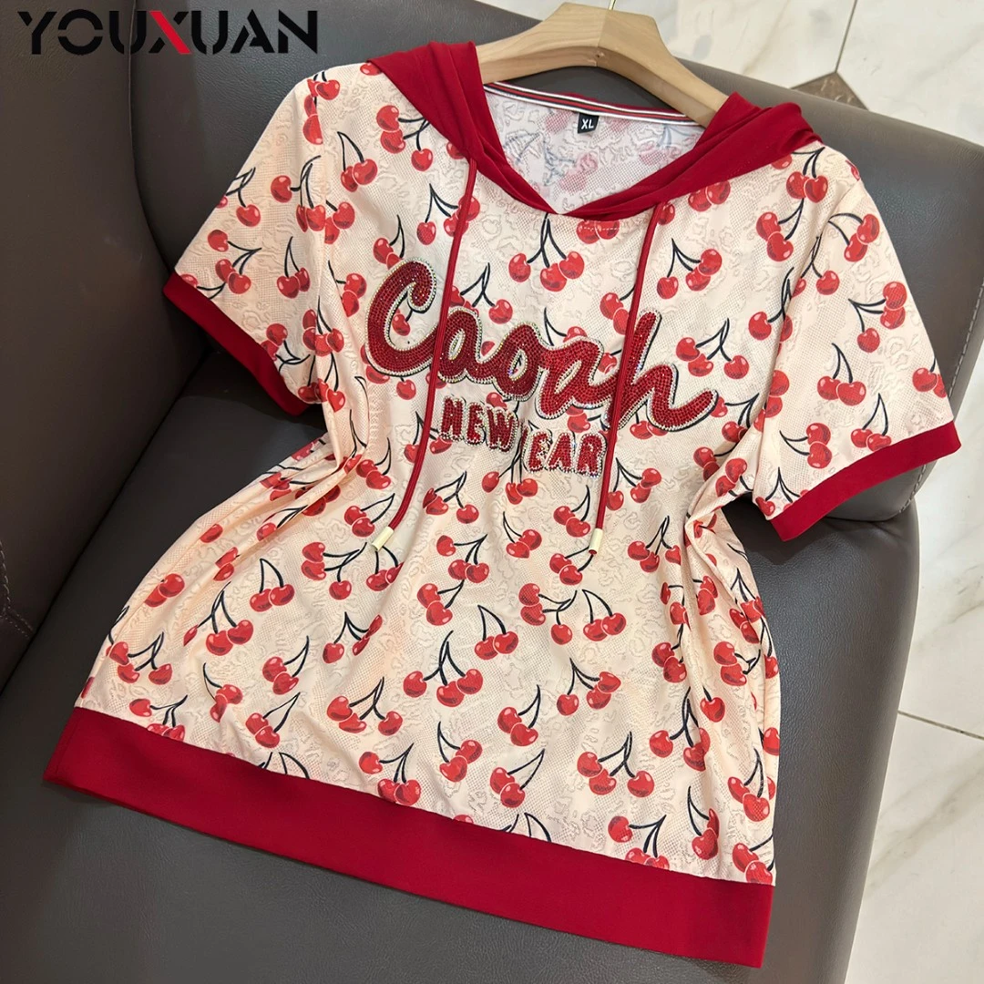 春夏季新品女士短袖连帽休闲T恤上衣女装时尚小衫卫衣6258