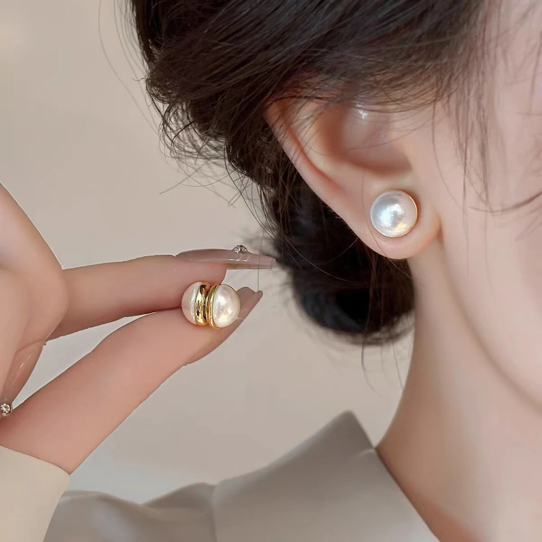 铜合金耳饰 简约气质吸铁石红色白珠珠耳夹女无痛磁吸无耳洞耳饰