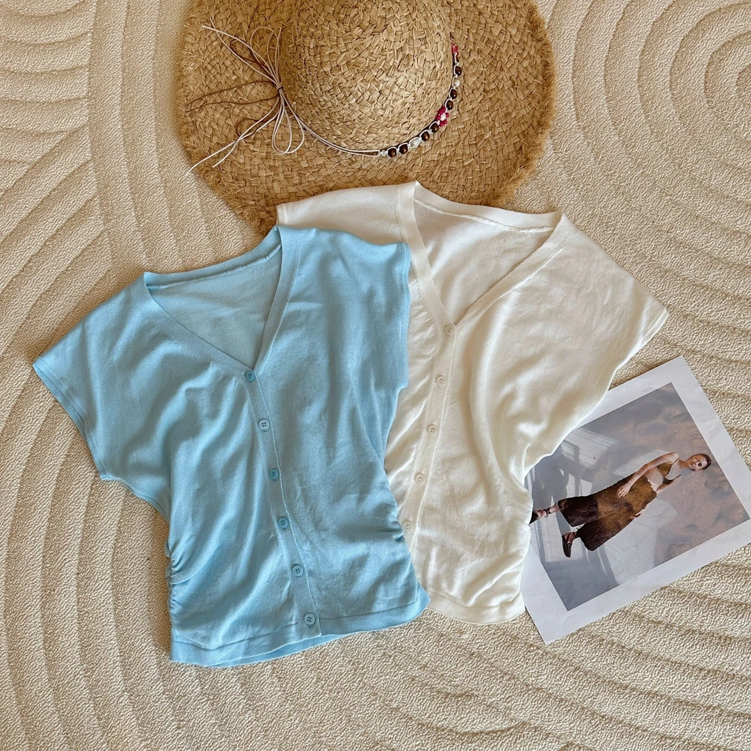 2025春夏韩版新款多巴胺莱赛尔天丝设计感V领针织背心短款H7-72