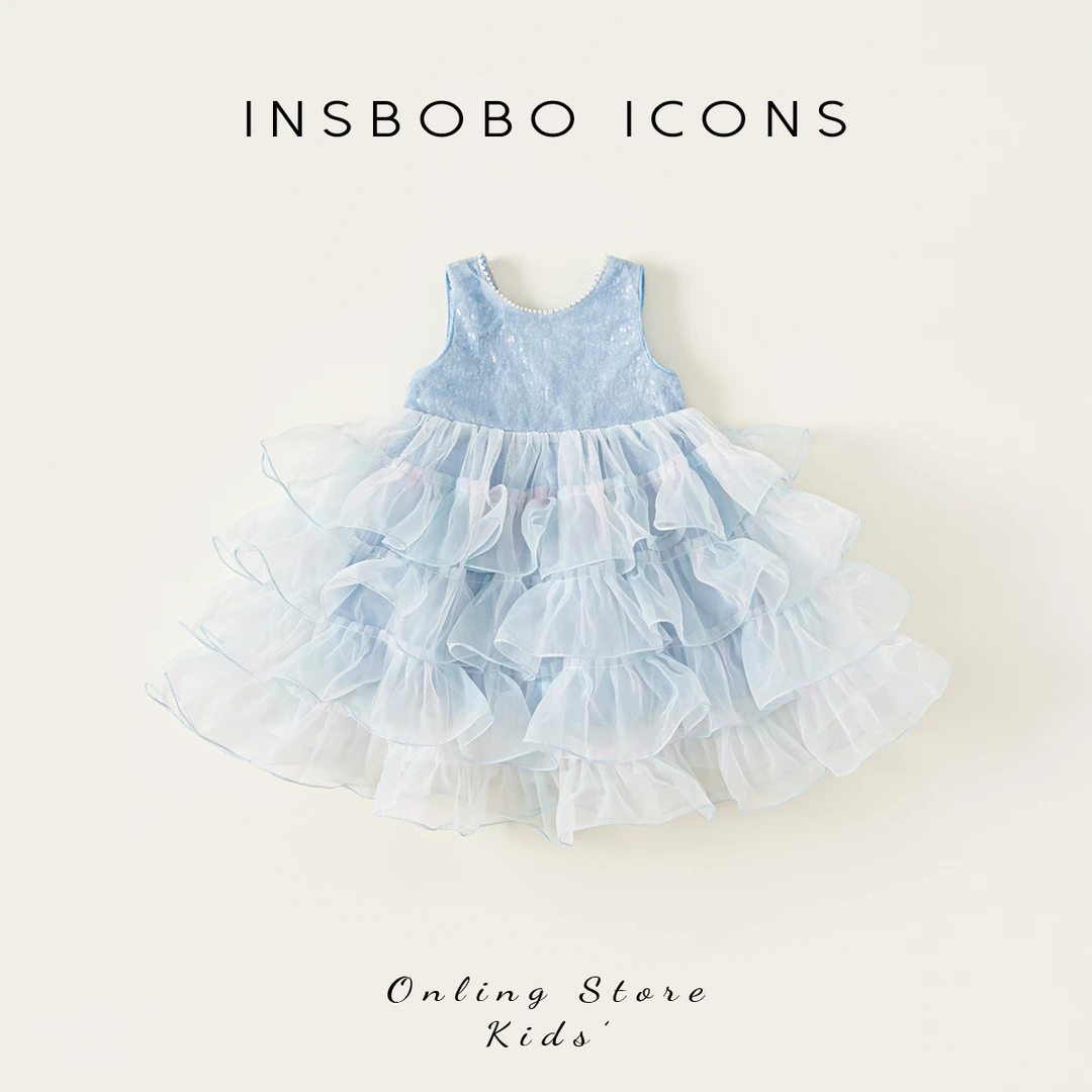 INSbobo女童网纱公主裙夏季新品珍珠装饰领亮片网纱连衣裙XQ25449