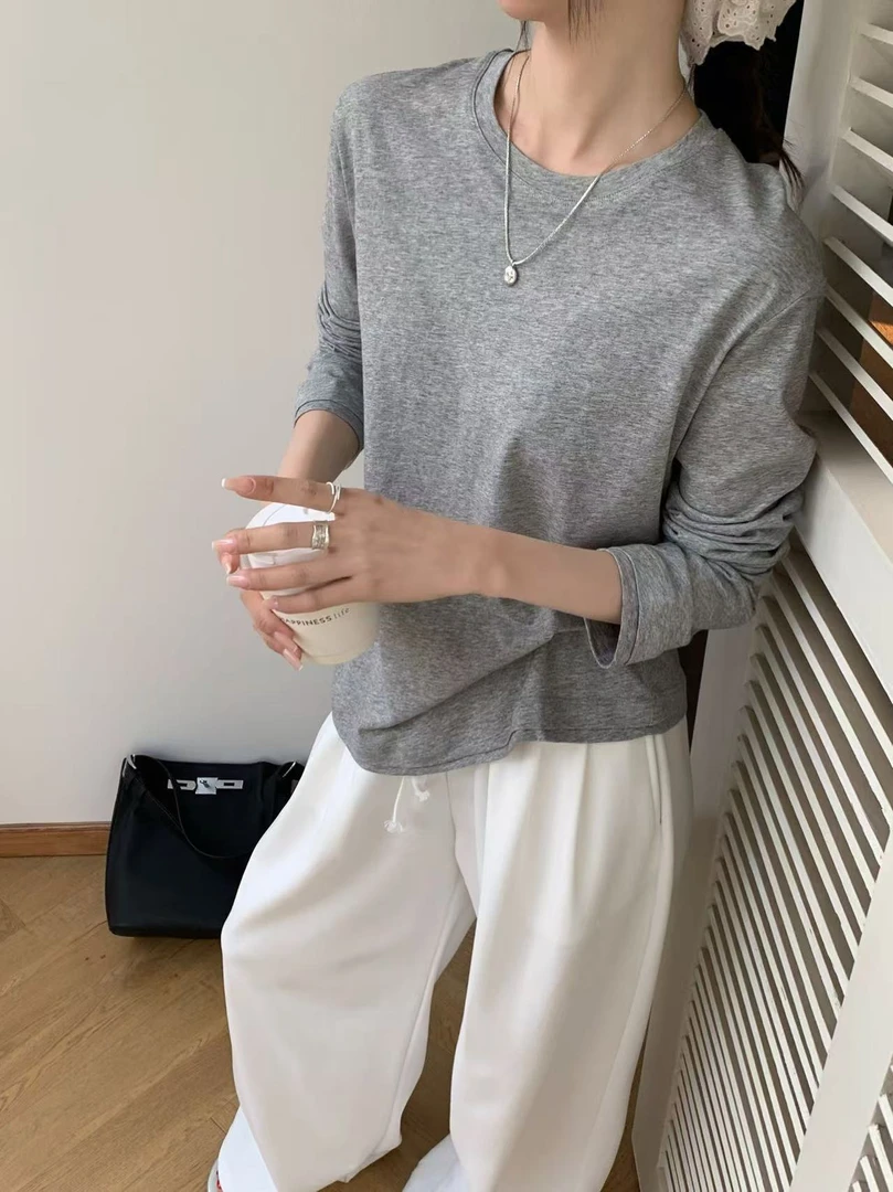 【香姐推荐】【518984】春季时尚新款圆领长袖T恤下摆双层设计