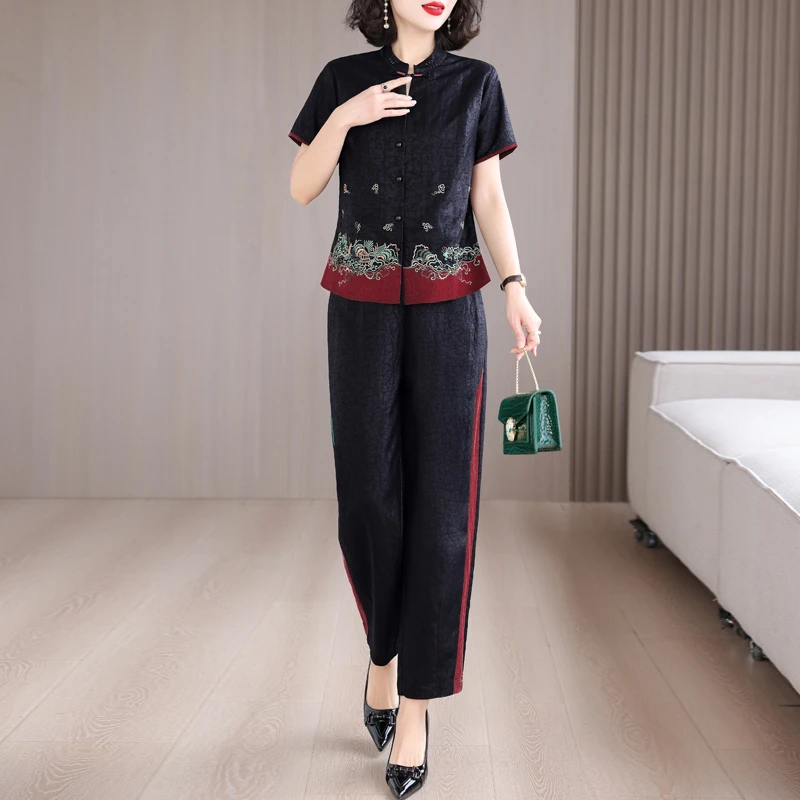 新中式香云纱套装女国风真丝衬衫两件套高端桑蚕丝哈伦裤中式复古