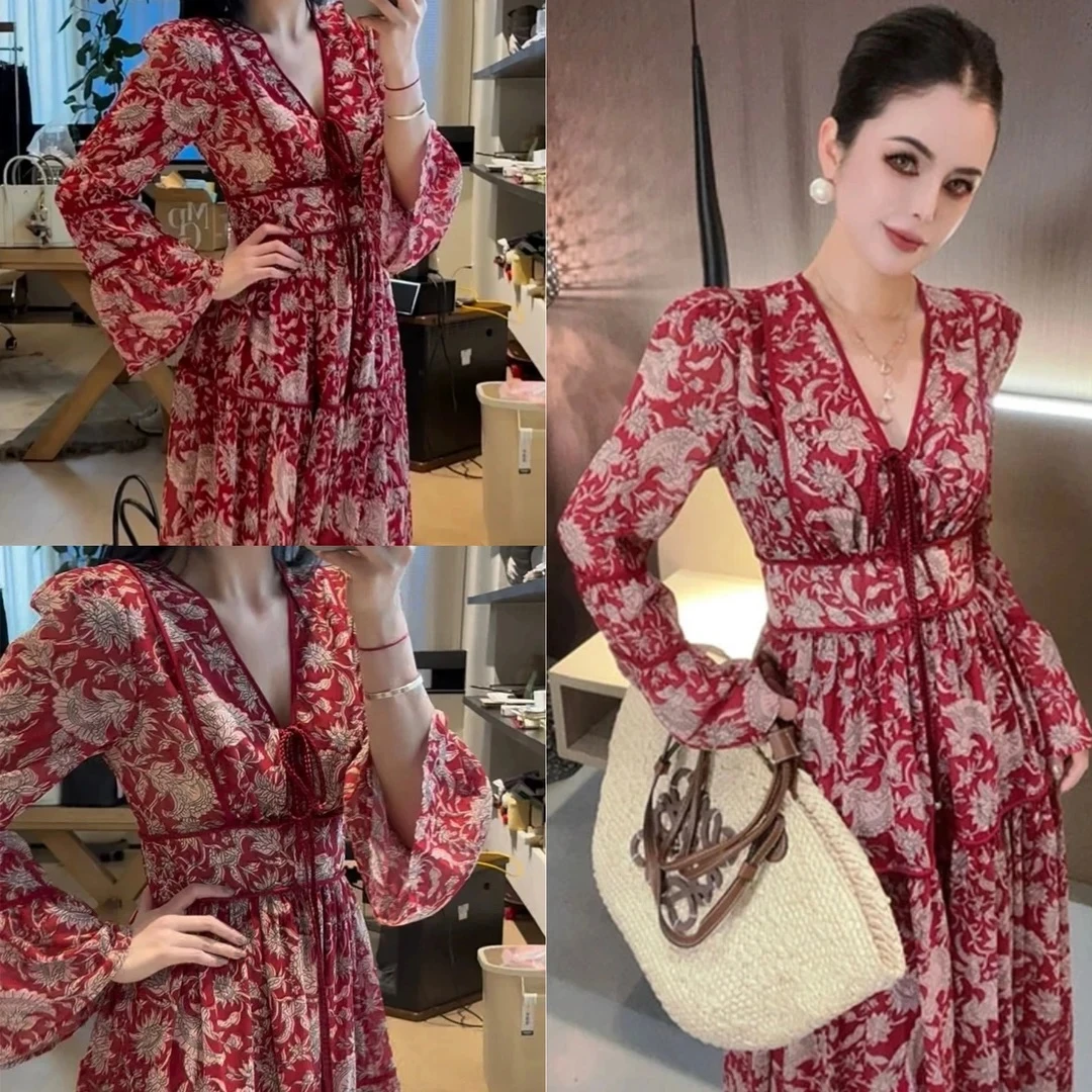 法式欧若轻奢高定V玲碎花连衣裙女装气质穿搭红色百搭修身显瘦裙