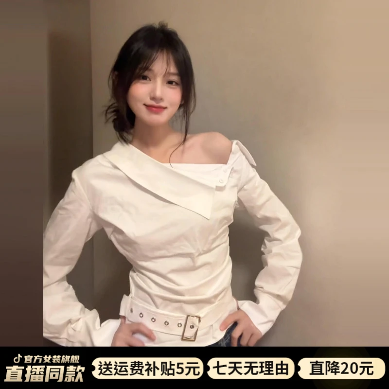 韩系氛围感斜肩褶皱衬衫2025早秋高级感宽松修身上衣韩系甜辣短袖