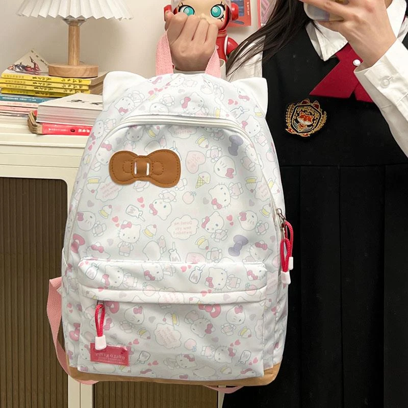 日系可爱helloitty书包女生初高中生大容量双肩包蝴蝶结KT猫背包