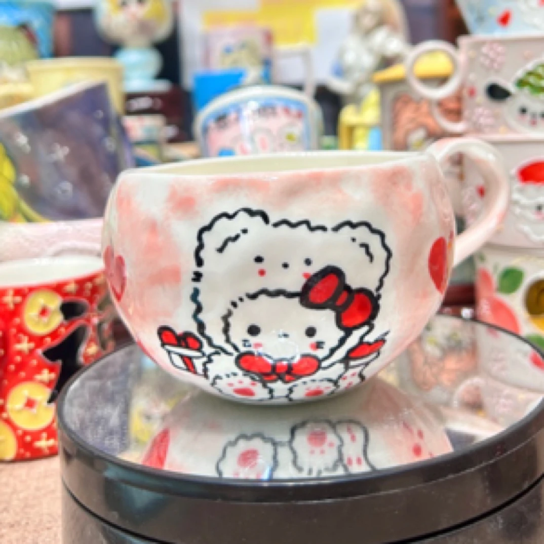 可爱卡通小狗手绘把手陶瓷杯