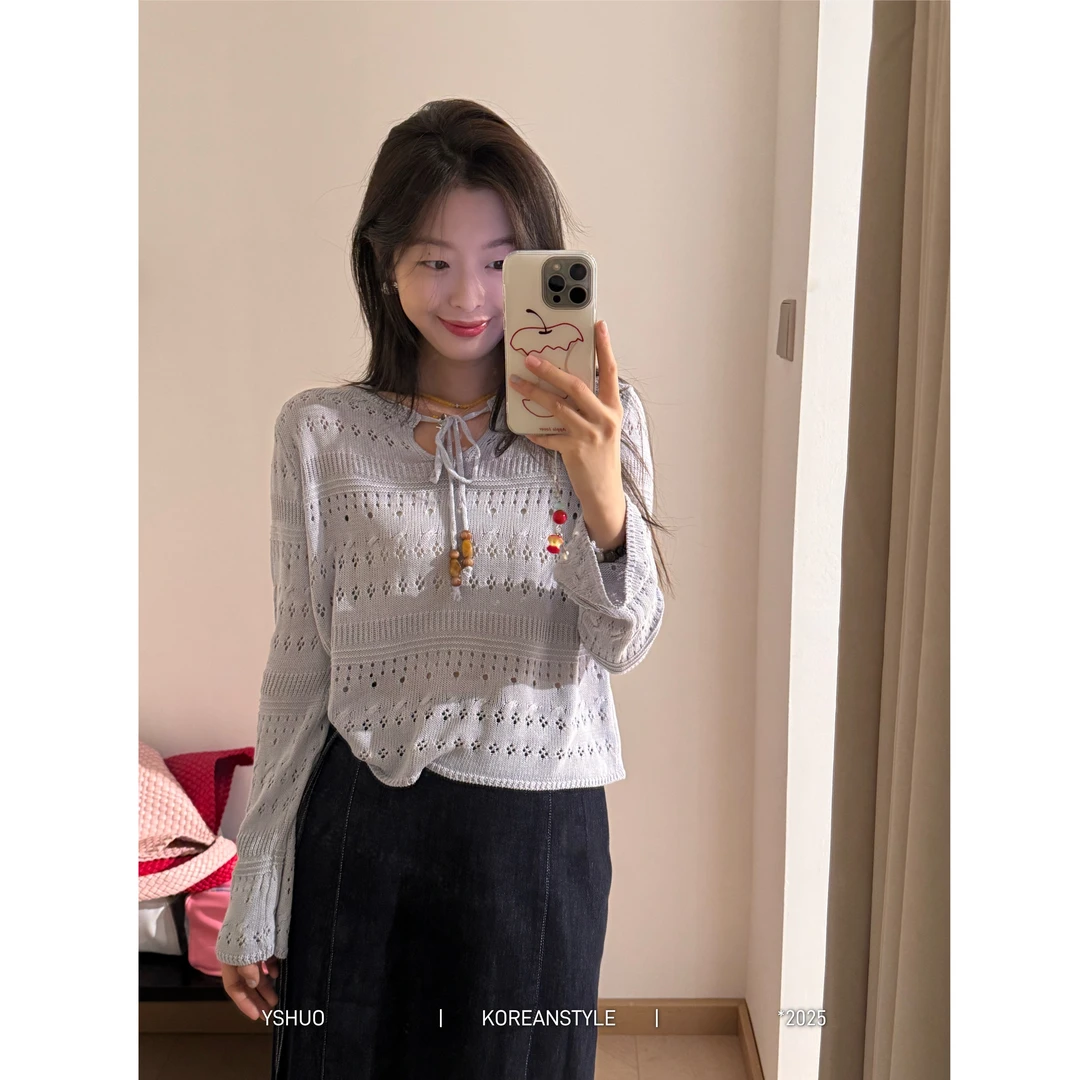 【秘密花园】百搭度假风系带镂空针织衫慵懒风罩衫上衣 25068