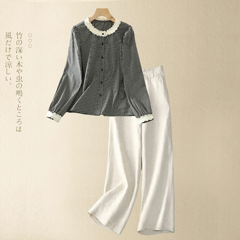 复古黑白格纹衬衫秋装新款长袖衬衣花边上衣高腰垂感长裤休闲套装