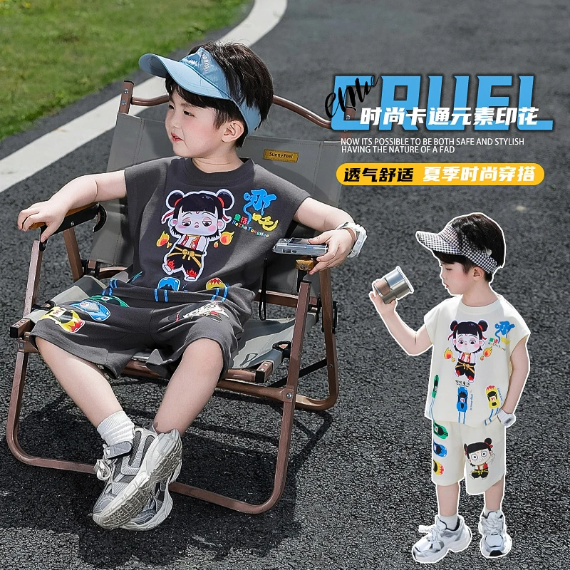 男童夏装卡通套装时尚舒适男孩洋气休闲运动范小汽车无袖哪吒套装