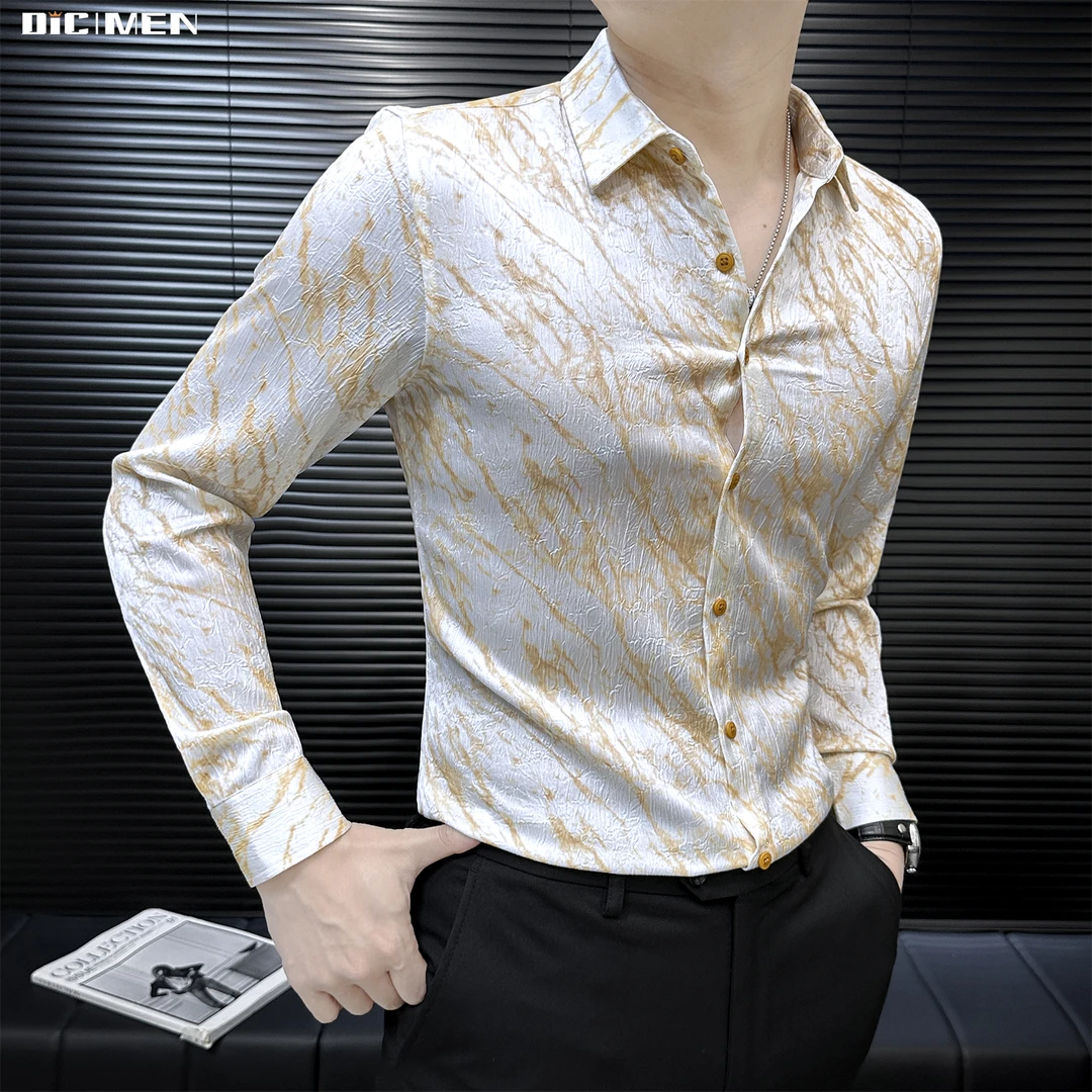 纹理感花衬衫男款长袖褶皱时尚英伦痞帅男装网红休闲男士衬衣长袖
