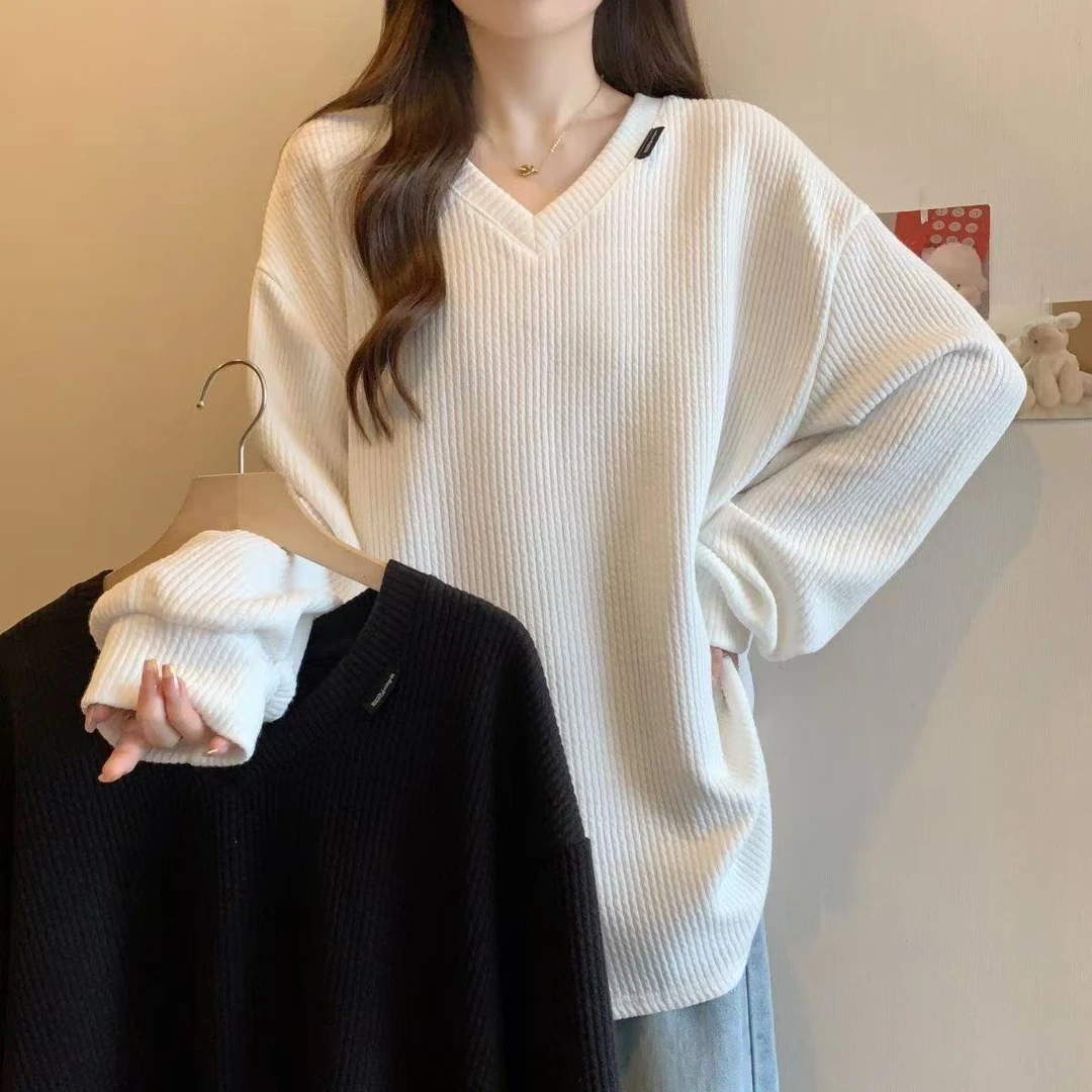 大码加厚坑条打底衫女内搭春秋季新款宽松显瘦百搭保暖长袖上衣女