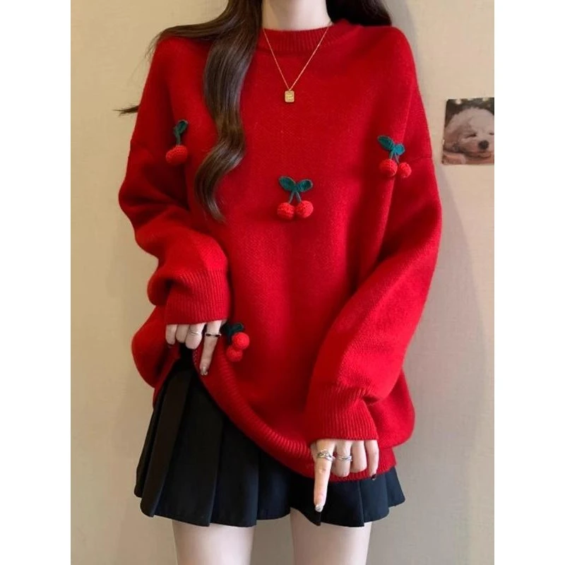 圣诞本命年红色樱桃毛衣女秋冬大码胖MM慵懒风独特漂亮上衣针织衫