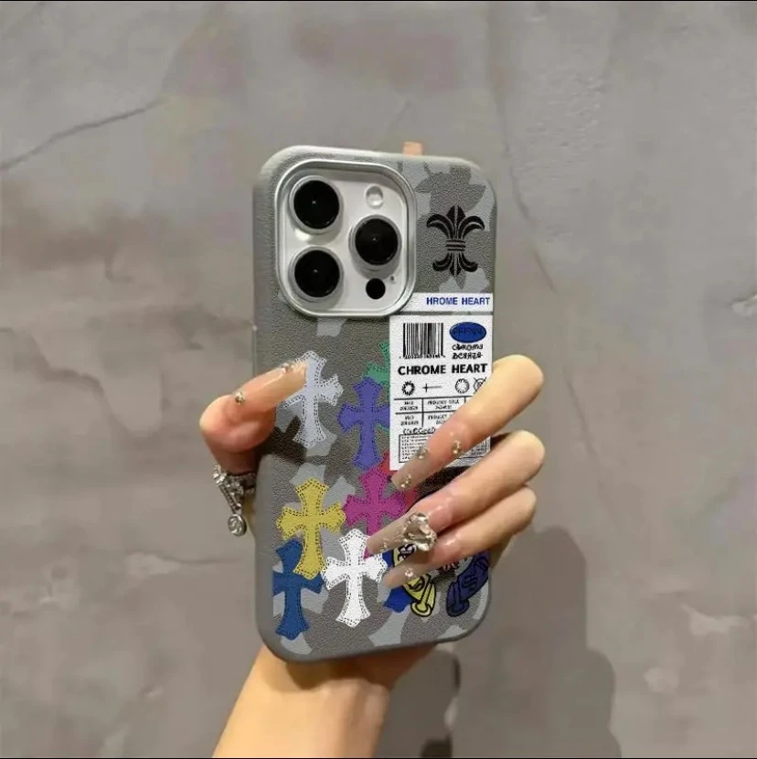 创意多彩十字适用iPhone16苹果14promax手机壳15荔枝纹13金属框