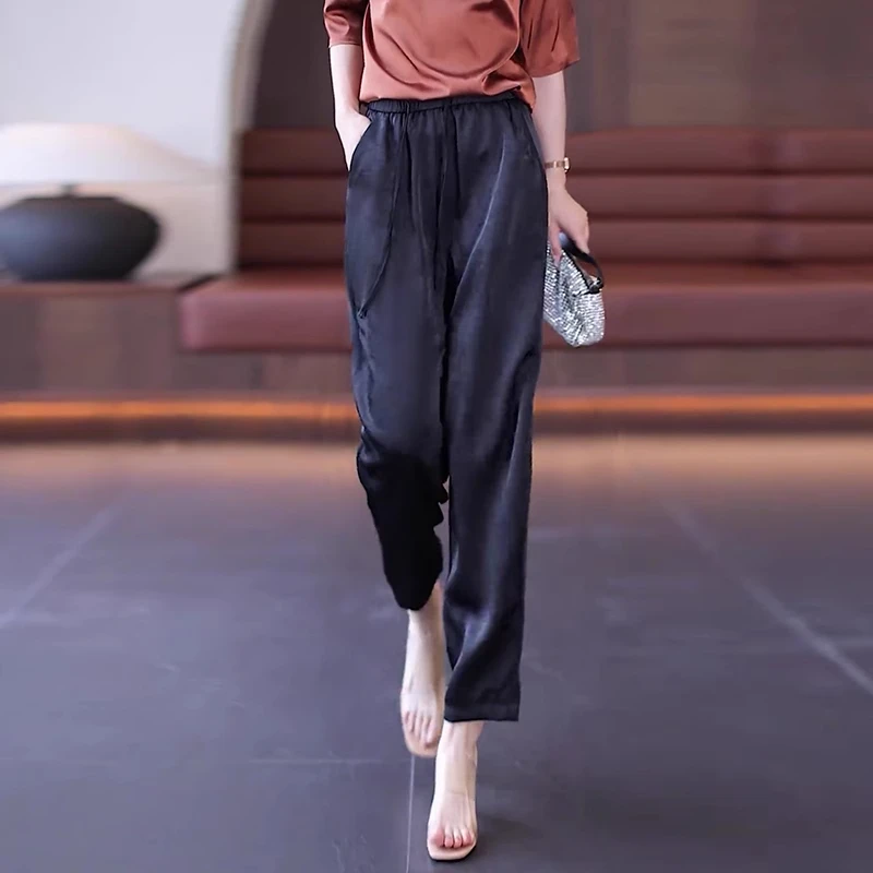 拉夏贝尔醋酸缎面阔腿裤女2025夏季新款防晒高腰垂感九分直筒裤子