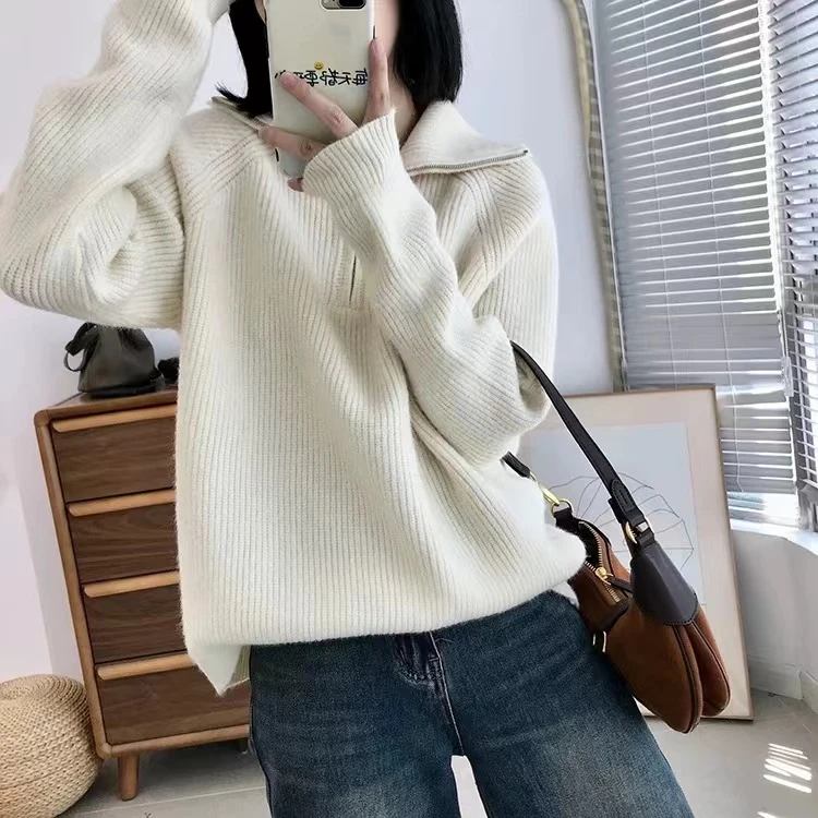 秋冬100%纯羊毛衫女加厚半拉链翻领打底毛衣宽松纯色插肩袖针织衫